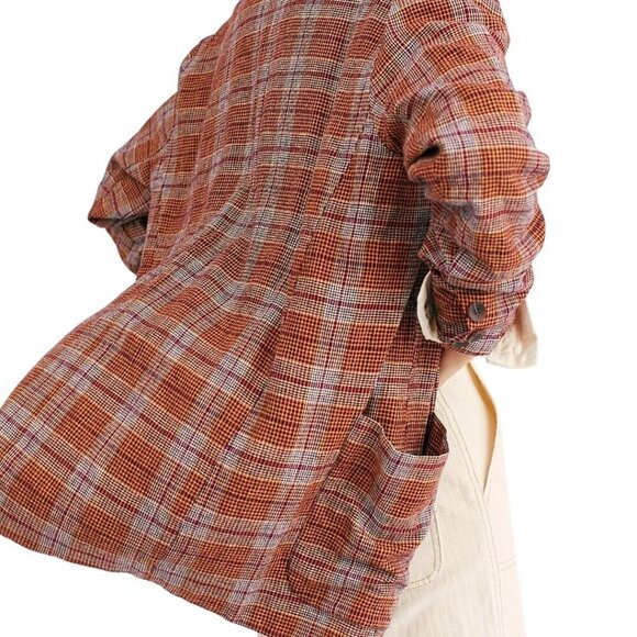 Free People Simply Plaid Relaxed Unstructured Linen Blazer Plaid Pockets Size M - Picture 9 of 12